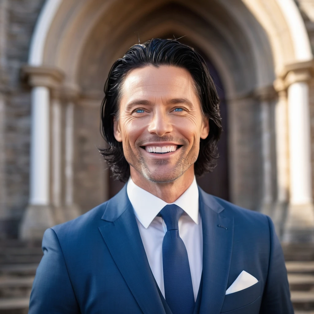 Make the image of an evangelical pastor preacher, 40 years old, handsome smiling black hair, short, wide smile, perfect teeth wearing a fashionable suit. Blue eyes and a divine light descending upon him. In the background a blurred church