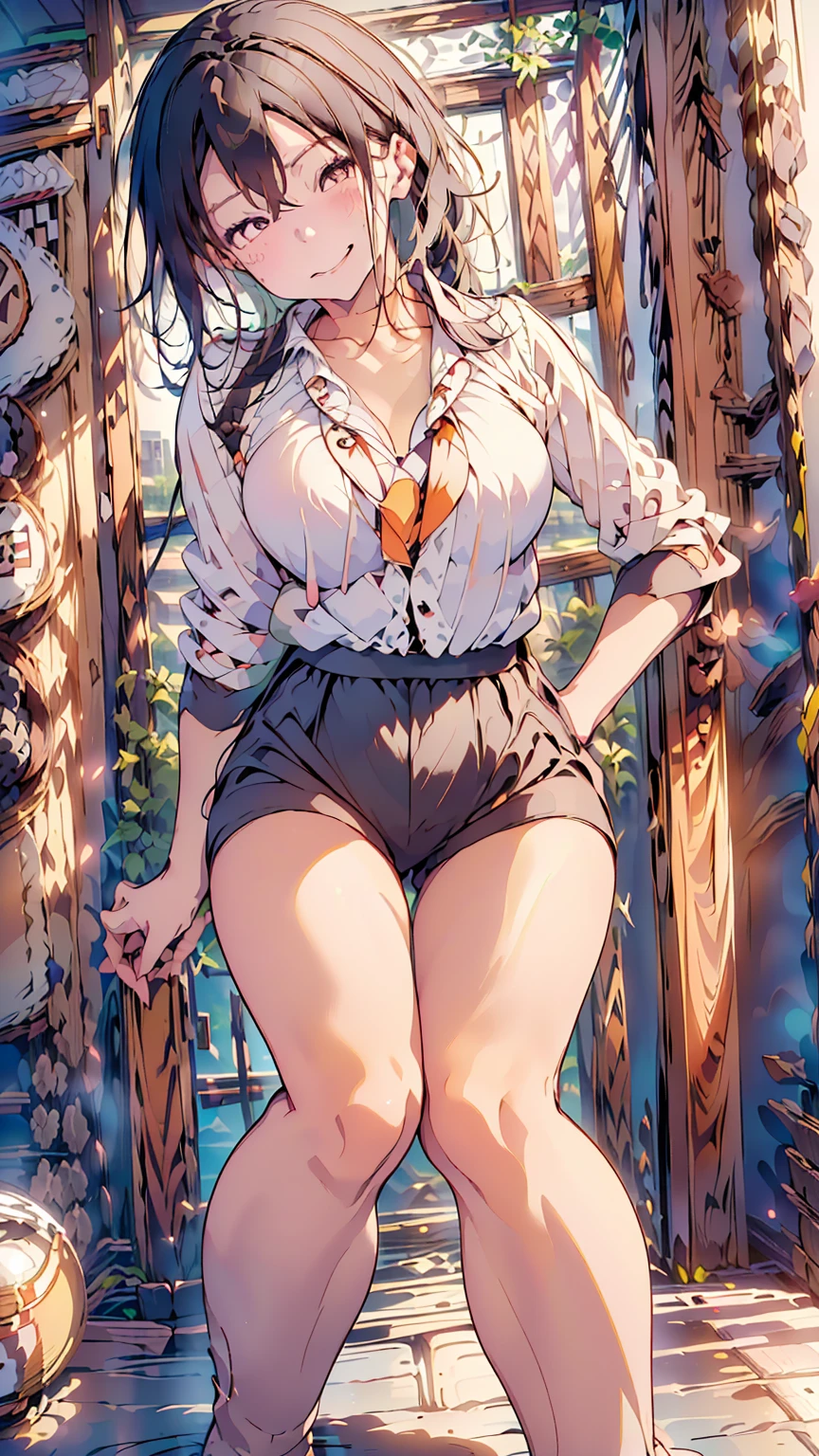 masterpiece,best quality, ultra high res,(beautiful woman:1.2),(beautiful Busty breasts:1),(happy:1.2),(enjoy:1.2), (dark hair:1), (short low ponytail:1.2), medium hair,a sexy mole around the mouth,wet lip, (burst into laughter:1.4), (squinting:1.4),(simple plain suit:1.5),(plain:1.8),(wearing round neck white shirt:1.2), Business suit, upper body shot, Office,