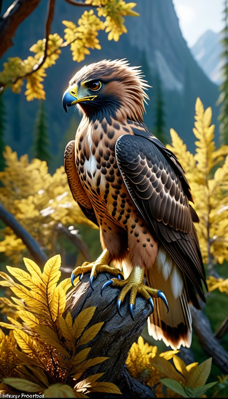 Mountains and forests,There is a kind of beast,It looks like a hawk but has human fingers.(best quality,4K,8K,masterpiece:1.2),Ultra Detailed,(lifelike,Photo real,Photo real:1.37),Highly detailed animals,Realistic lighting,Fantasy Creatures