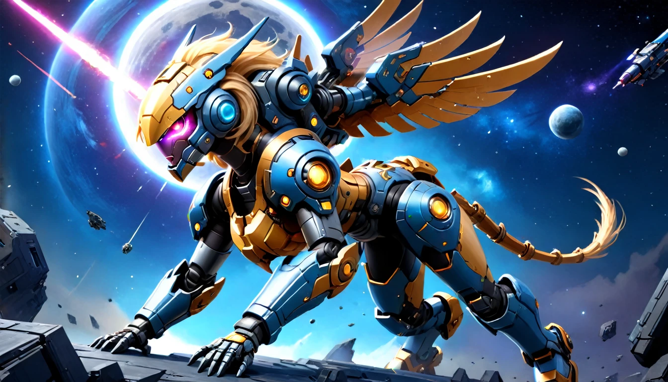a human female mech warrior in battle on a moon in space, full body shot, action shot, a tough and beautiful female mech warrior, short blond hair, dynamic eye color, intent gaze, ultra detailed face, best detailed face, she wears mech armor, and massive sci-fi gun, in battle, outer space background, stars, vibrant, Ultra-high resolution, High Contrast, (masterpiece:1.5), highest quality, Best aesthetics), best details, best quality, highres, (ultra wide angle: 1.2), 16k, ultra detailed, masterpiece, best quality, (extremely detailed),aetherpunkai, Mechanical Creatures,