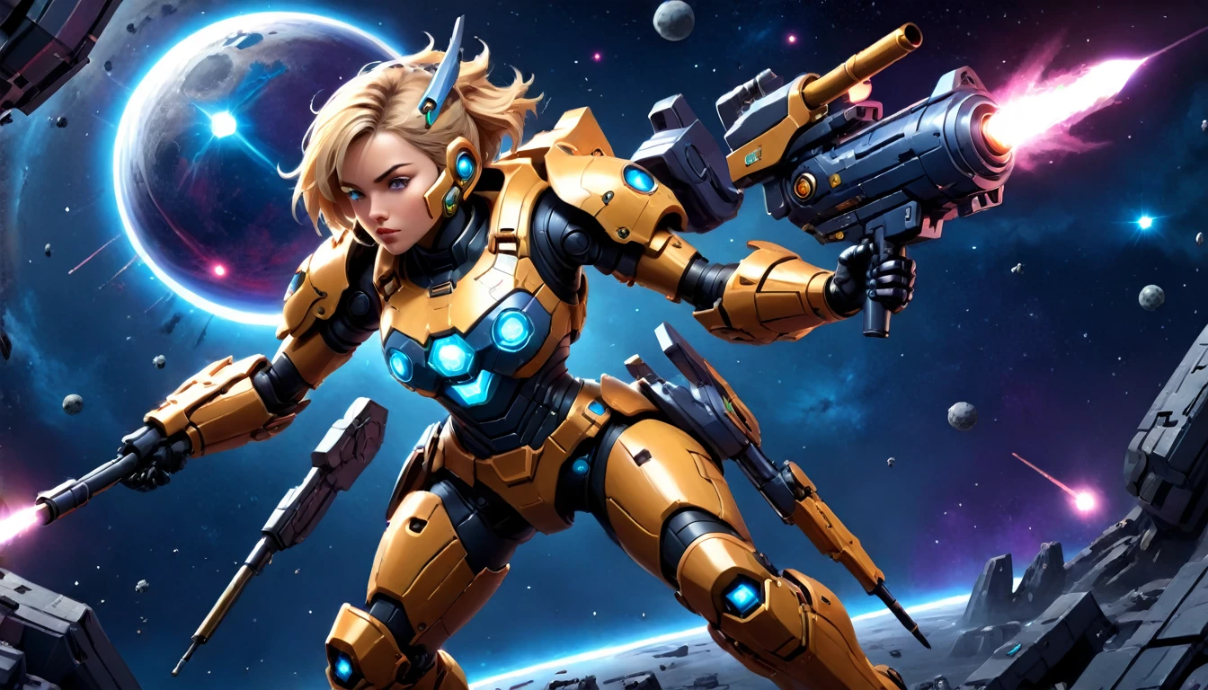 a human female mech warrior in battle on a moon in space, full body shot, action shot, a tough and beautiful female mech warrior, short blond hair, dynamic eye color, intent gaze, ultra detailed face, best detailed face, she wears mech armor, and massive sci-fi gun, in battle, outer space background, stars, vibrant, Ultra-high resolution, High Contrast, (masterpiece:1.5), highest quality, Best aesthetics), best details, best quality, highres, (ultra wide angle: 1.2), 16k, ultra detailed, masterpiece, best quality, (extremely detailed),aetherpunkai, Mechanical Creatures,