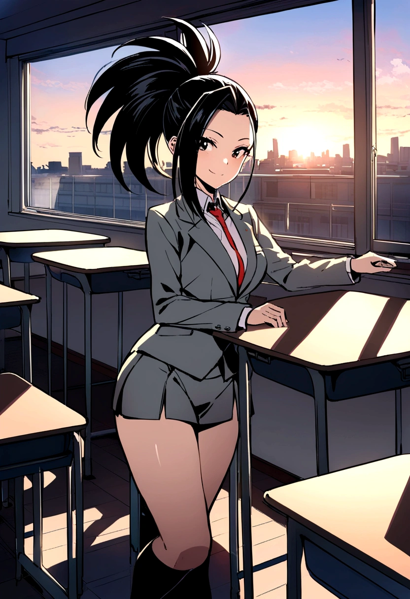 yaoyorozu momo, gray tailored suit, Short skirt, black stockings, medium glutes, medium legs, smiling, Classroom, sunrise