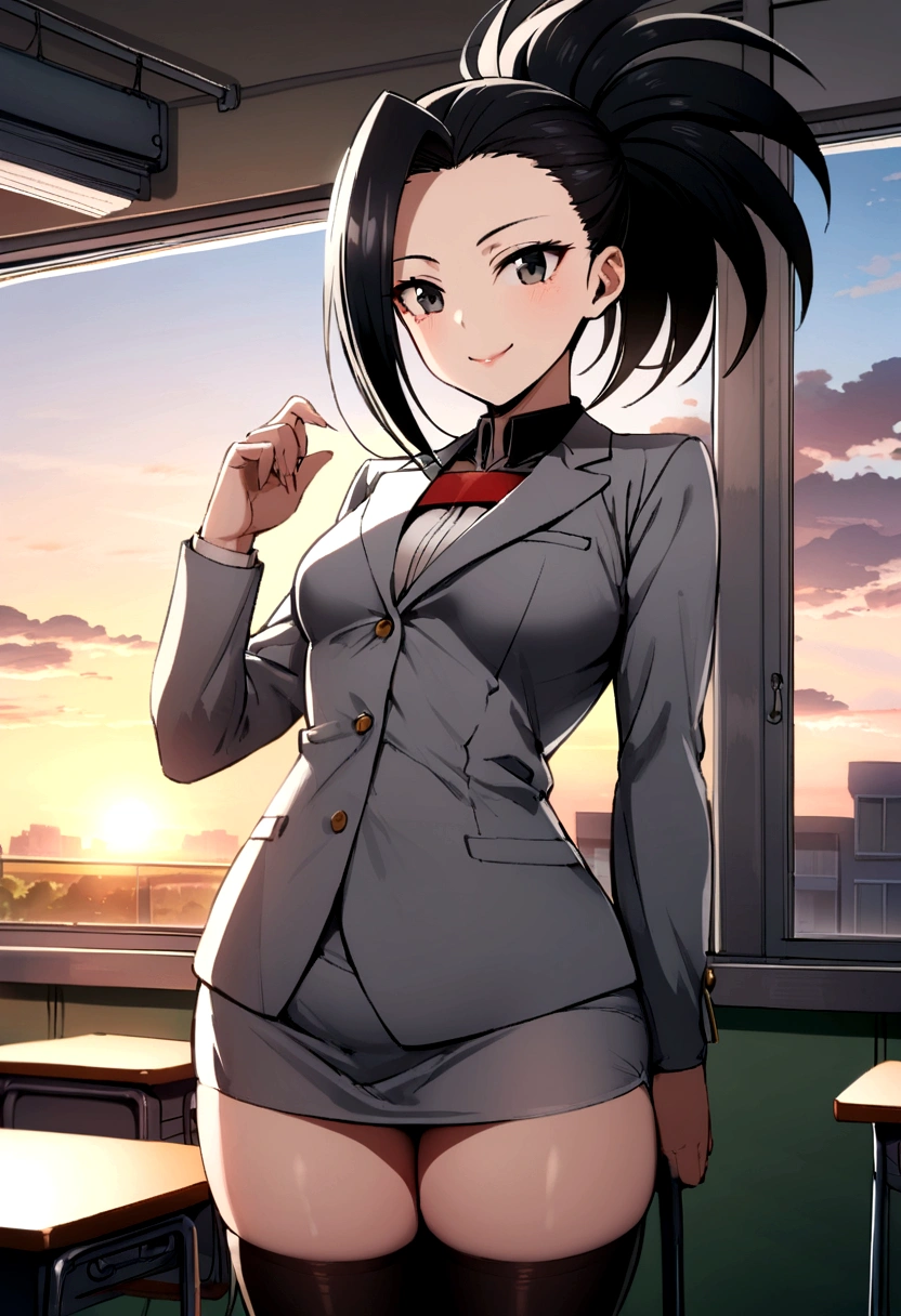 yaoyorozu momo, gray tailored suit, Short skirt, black stockings, medium glutes, medium legs, smiling, Classroom, sunrise