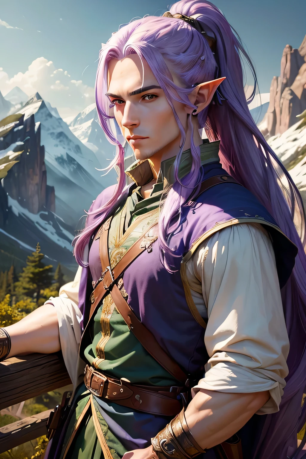((best qualityer)), ((work of art)), (detailded), 4K, hight contrast, work of art, 1 male elf ranger , glad ,long light purple hair ,ponytail ,in the background magnificent mountains ,similar to the works of JRR Tolkien, clear lighting, detailed shadows