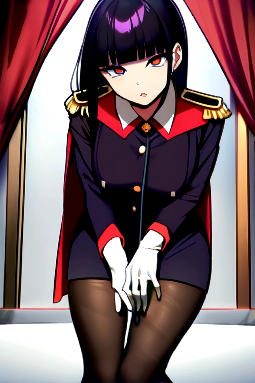 ((Highest quality)), ((masterpiece)), (detailed), (High resolution), Perfect Face, 1. Female, (Purple elongated eyes:1.3), (Long black hair), straight across bangs, (Adult face:1.4), Part your lips, Medium chest, Lower Body, (Leaning forward:1.3), Exciting, (Anime Coloring:1.1), (High Angle:1.5), (Two Old Men:1.4), Exciting, (Man touching buttocks:1.4), (Yamashiro Ren), Slave of the Demon Capital, Motion Lines, Motion Blur, Shaking breasts , Blunt bangs, hair ornaments, detailedを追加, uniform, Epaulettes, POV with leash , White gloves, View your viewers, Red Cape, Black Pantyhose, Long hair Hair falling over one eye, masterpiece, Hair Ribbon, sole,