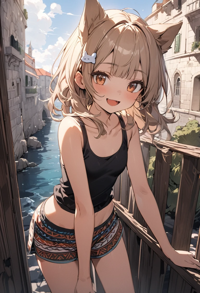 ((Masterpiece)), ((best quality)), (Anime:1.3), (super detail:1.2), (High Definition:1.3), (Professional Photography:1.3), (wide shot), (very aesthetic:1.2), (absurdres:1.2), (sharp focus), (perfect light), (()), 8K, Glossy skin, cinematic lighting, 1girl, (Knit fabric tank top), (Tribal boxer shorts), (Cute innocent teenage girllendar body, (Healthy body), small breast, glossy medium hair, (loose blunt bangs), dog hair ornament, ((:d)), open mouth, (naughty smile), beautiful collarbones, (slightly exposed shoulders), (dog ears), pale brown hair, Hair that flutters in the wind, BREAK, ((best quality)), (very aesthetic:1.2), (absurdres:1.2), (Leaning against a decorated low fence), Dubrovnik townscape in Croatia, summerday, Beautiful Adriatic Sea,