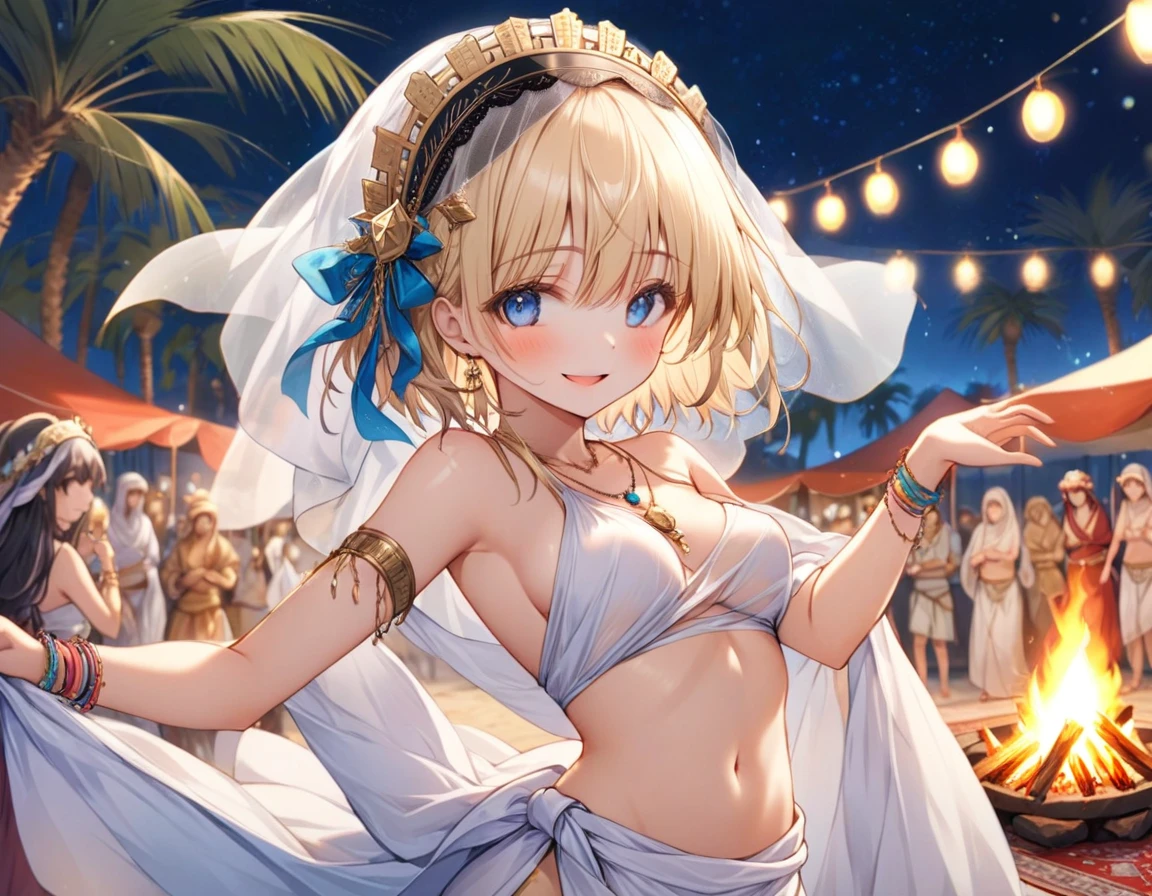 ((kinako (shiratama mochi) style)), GBF style, colorful eyes, soft style, masterpiece, solo, 1 girl, topless, large nipples, nipples, white sarong, harem outfit, semi transparent skirt, beautiful art, vibrant, flat chests, desert, tent, platinum blonde hair, dancing, different poses, narrow waist, slender legs, hairband, jewely, necklace, bracelet, white mouth veil, veil, headdress, navel, thigh strap, abstract, night, moonlight, light hair, waist pouch, blue eyes, high angle shot, top view, black eyeliner, sparkling, winking, side view, arched back, flexible body, serene face, soft eyes, relaxed, calm, smiling, bonfire, enchanted, thin, ribcage, gold jewelry, morocco, date palm trees, carpet, people on cheering background, hoop bracelets, nipple piercing, (nr, nipple rings), short hair