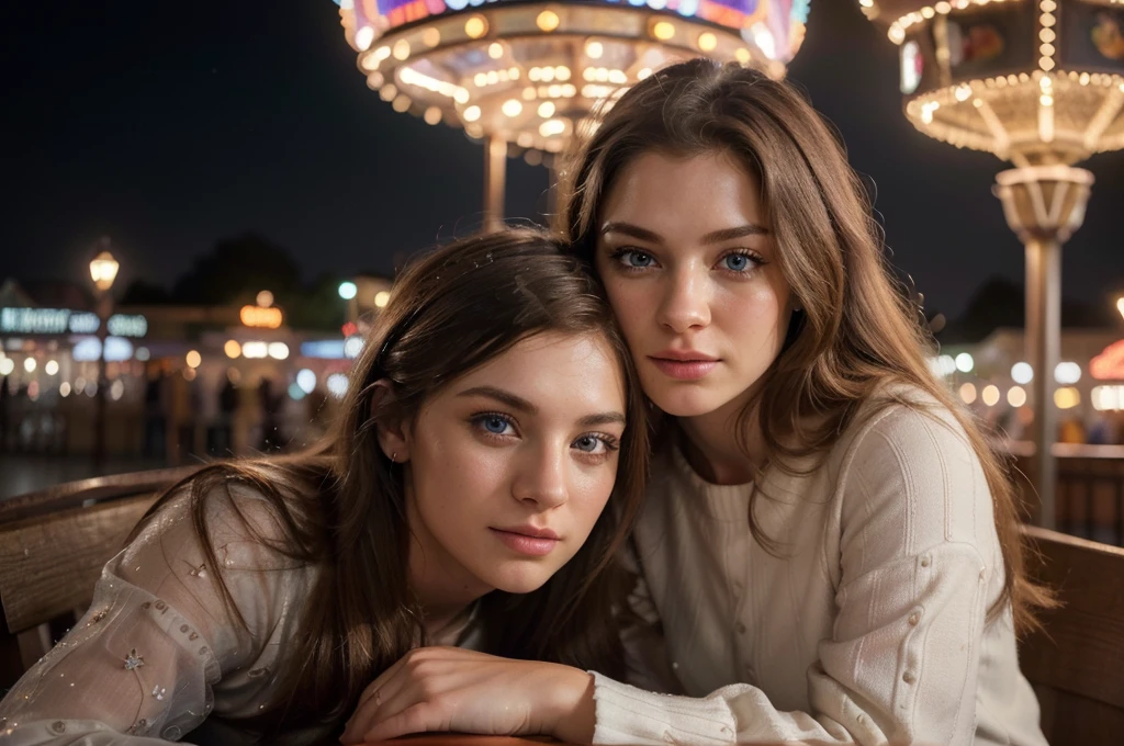 a young white man (male) and young white woman (female), beautiful detailed eyes, beautiful detailed lips, extremely detailed eyes and face, long eyelashes, nordic faces, at pier amusement park, on date, fun atmosphere, top of ferris wheel, snuggling side by side, romantic mood, various carnival lights and rides in background, (best quality,4k,8k,highres,masterpiece:1.2),ultra-detailed,(realistic,photorealistic,photo-realistic:1.37),HDR,UHD,studio lighting,ultra-fine painting,sharp focus,physically-based rendering,extreme detail description,professional,vivid colors,bokeh,portraits,concept artists,warm colors,dramatic lighting, heterosexual couple