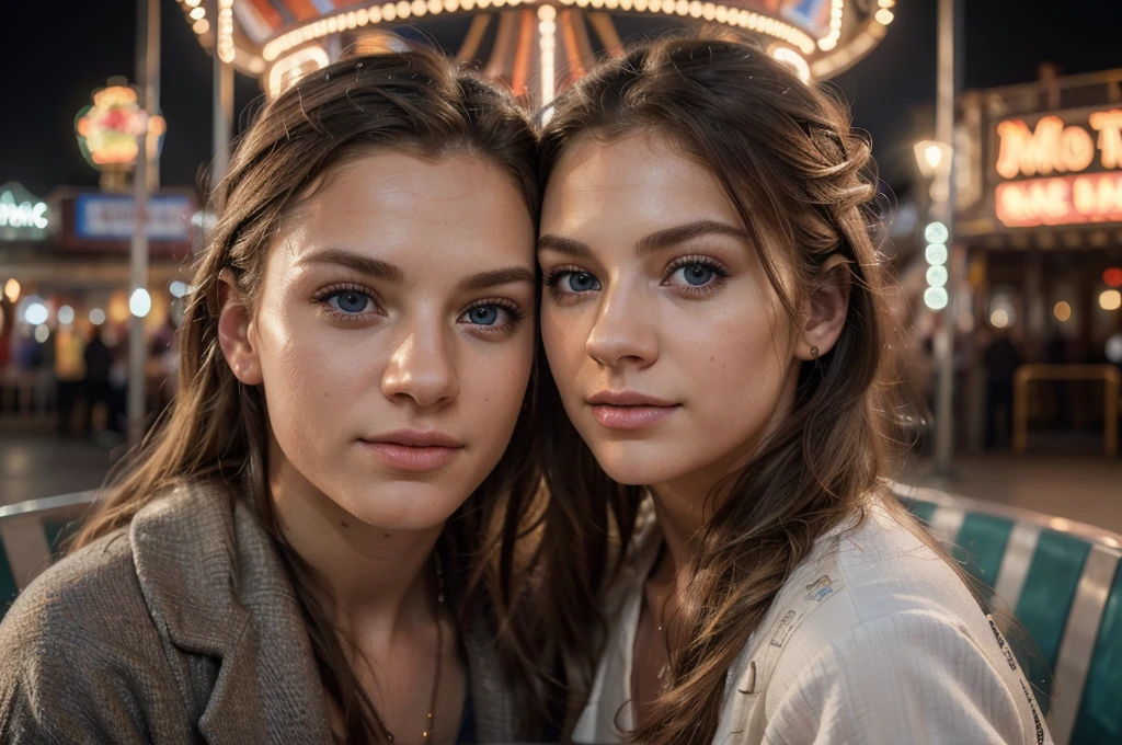 a young white man (male) and young white woman (female), beautiful detailed eyes, beautiful detailed lips, extremely detailed eyes and face, long eyelashes, nordic faces, at pier amusement park, on date, fun atmosphere, top of ferris wheel, snuggling side by side, romantic mood, various carnival lights and rides in background, (best quality,4k,8k,highres,masterpiece:1.2),ultra-detailed,(realistic,photorealistic,photo-realistic:1.37),HDR,UHD,studio lighting,ultra-fine painting,sharp focus,physically-based rendering,extreme detail description,professional,vivid colors,bokeh,portraits,concept artists,warm colors,dramatic lighting, heterosexual couple