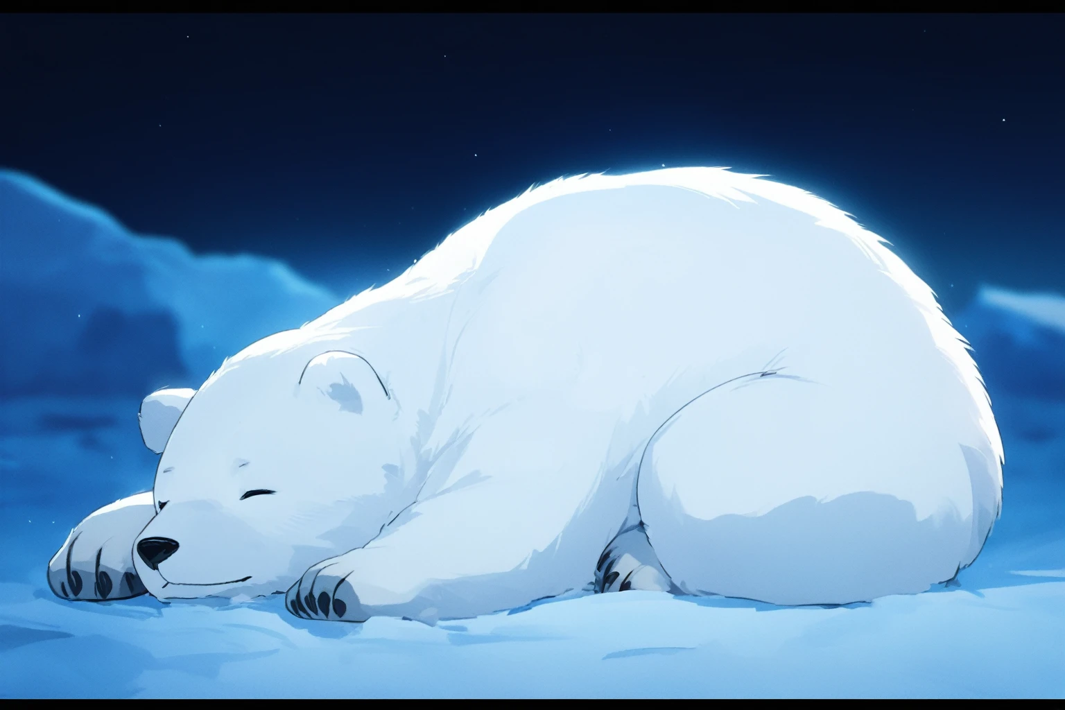 Cute white bear, relaxing, top quality, masterpiece, arctic, one head, sleep, no_humans,night