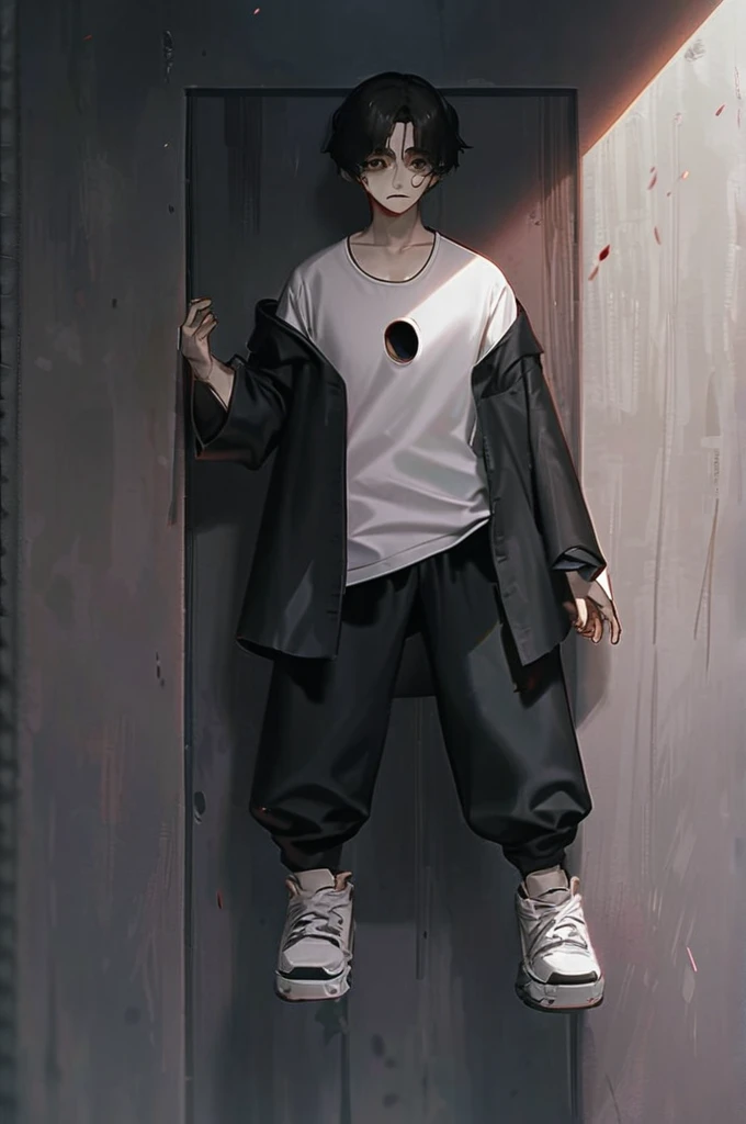((Лучшее качество)), ((шедевр)), (подробный), guy, short jet black short hair, bangs on the eye, one-eyed, (one-eyed:1,9), bright brown eyes, thick black eyebrows, thick black eyelashes, blank stare, staring at nothing, blood on his face, normal build, black unbuttoned robe, white bloody t-shirt, torn t-shirt, hole in his stomach, black cargo pants, white sneakers, driven into a steel wall, bloody wall