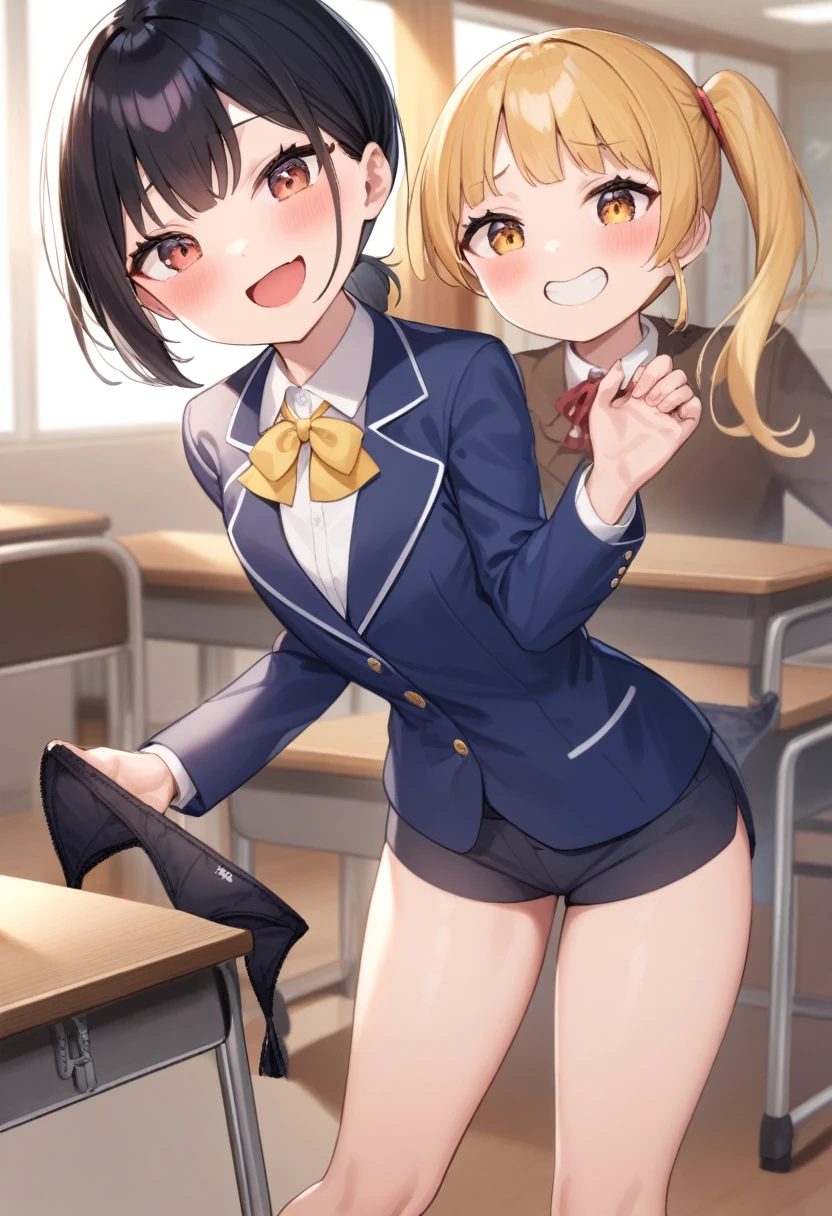 (Multiple Girls)、Elementary school girl、8-year-old、Flat Chest、Glasses、short hair、Blonde、 紺色の透けているスクール水着 学校のclassroom 、、Crouch、Navy Blazer、Sit on a chair、classroom、smile、Black Hair、Side ponytail、Brown eyes、holding panties、Showing panties、