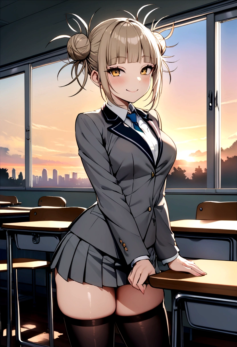 Himiko Toga, gray tailored suit, Short skirt, black stockings, medium glutes, medium legs, smiling, Classroom, sunrise