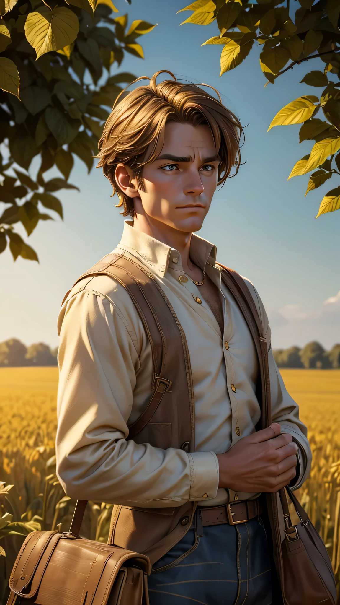 Here is the prompt for the fourth scene:
---
Thomas, tempted but thoughtful, holds the purse filled with gold coins in the middle of his field. His weathered face and kind expression are now marked by a contemplative look as he debates whether to keep the purse or return it. Thomas is wearing his simple, traditional European farming clothes, standing among the golden crops. The sun casts a warm, golden hue over the scene, emphasizing the internal struggle reflected on Thomas's face. (good quality:1.2), (Ultradetailed:1.2), (ultradetailed face:1.2), (ultradetailed body:1.2)
---