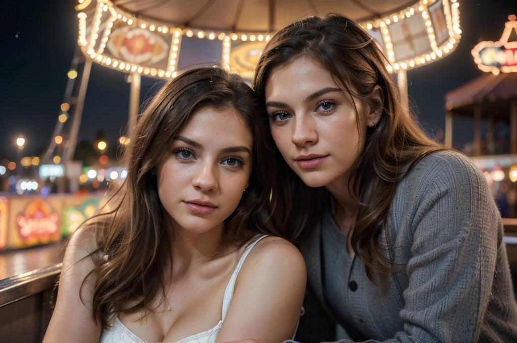 a young white man (male) and young white woman (female), beautiful detailed eyes, beautiful detailed lips, extremely detailed eyes and face, long eyelashes, nordic faces, at pier amusement park, on date, fun atmosphere, top of ferris wheel, snuggling side by side, romantic mood, various carnival lights and rides in background, (best quality,4k,8k,highres,masterpiece:1.2),ultra-detailed,(realistic,photorealistic,photo-realistic:1.37),HDR,UHD,studio lighting,ultra-fine painting,sharp focus,physically-based rendering,extreme detail description,professional,vivid colors,bokeh,portraits,concept artists,warm colors,dramatic lighting, heterosexual couple