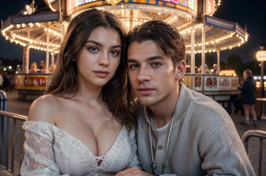 a young white man (male) and young white woman (female), beautiful detailed eyes, beautiful detailed lips, extremely detailed eyes and face, long eyelashes, nordic faces, at pier amusement park, on date, fun atmosphere, top of ferris wheel, snuggling side by side, romantic mood, various carnival lights and rides in background, (best quality,4k,8k,highres,masterpiece:1.2),ultra-detailed,(realistic,photorealistic,photo-realistic:1.37),HDR,UHD,studio lighting,ultra-fine painting,sharp focus,physically-based rendering,extreme detail description,professional,vivid colors,bokeh,portraits,concept artists,warm colors,dramatic lighting, heterosexual couple