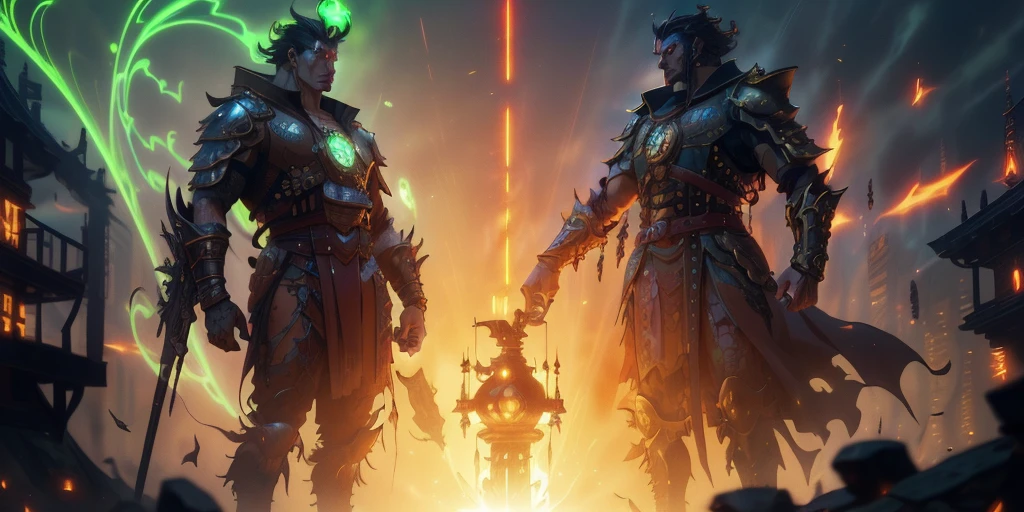 Ancient anime style, artbook, comicbook, RPG, futuristic medieval. Goblin God, with human face with glowing tribal magic tattoos, neon details, with technological tribal armor with glowing magic marks, full body, bare feet, spear with glowing magic marks. Epic scene, wide and deep scenery, with several depth planes, stylish and dynamic pose. In the middle of a magical steampunk technological village, mixing technology and vegetation, buildings with neon details and glowing magical vegetation, magical technological airships with shiny details inspired by ships flying in the sky.