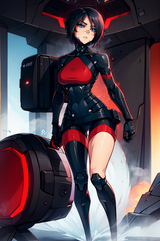 Elster from Signalis, cute and sexy, short black hair, robo-legs