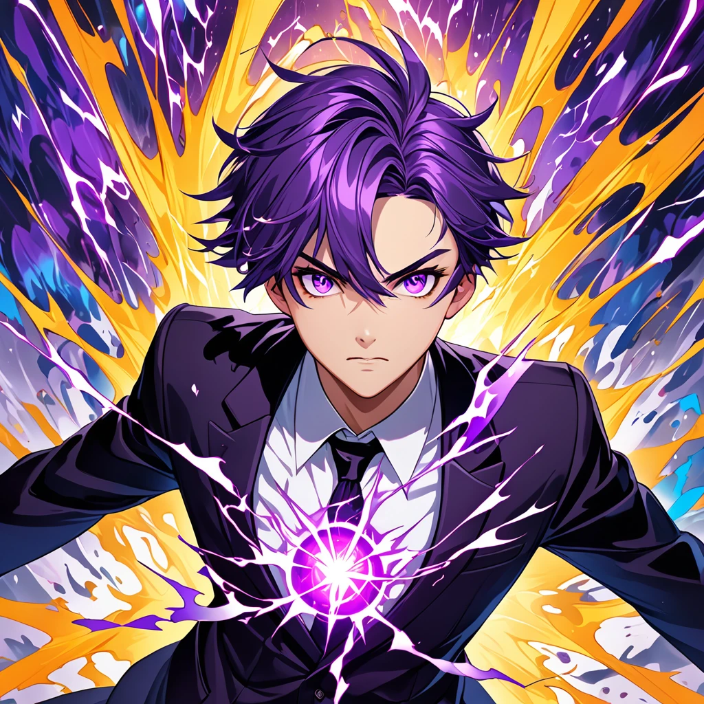 work of art, best qualityer, high resolution, Teenage man, purple short straight hair, vibrant purple eyes, shock elemental power, rigid feature, formal clothes.
