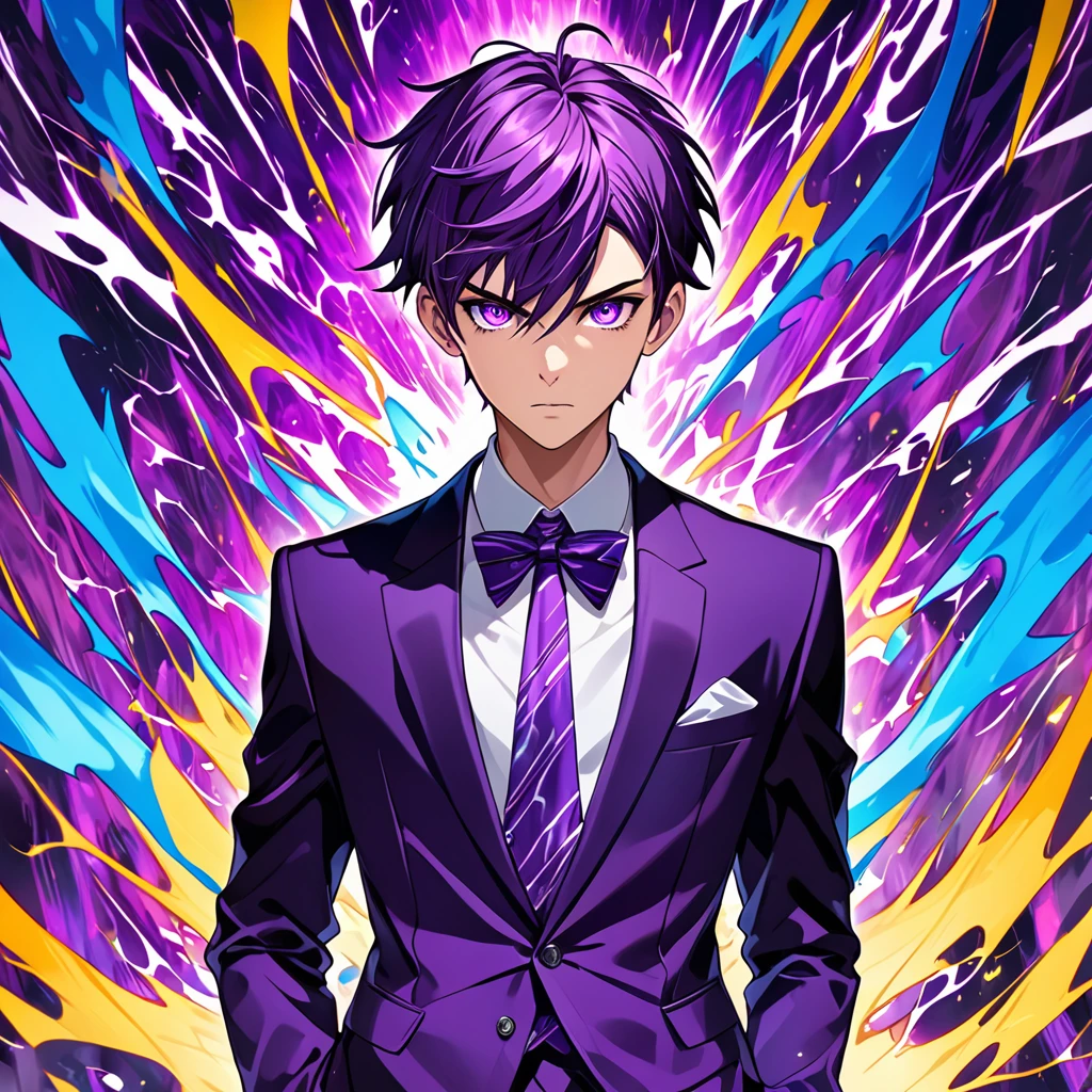 work of art, best qualityer, high resolution, age man, purple short straight hair, vibrant purple eyes, shock elemental power, rigid feature, formal clothes.