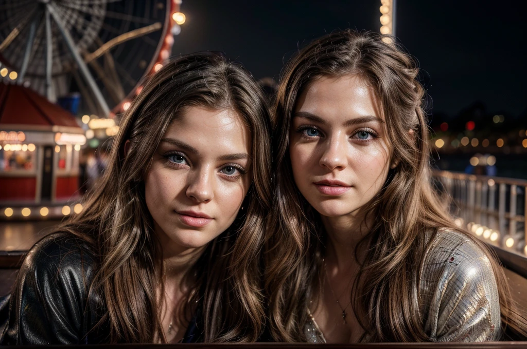 a young white man (male) and young white woman (female), beautiful detailed eyes, beautiful detailed lips, extremely detailed eyes and face, long eyelashes, nordic faces, at pier amusement park, on date, fun atmosphere, top of ferris wheel, snuggling side by side, romantic mood, various carnival lights and rides in background, (best quality,4k,8k,highres,masterpiece:1.2),ultra-detailed,(realistic,photorealistic,photo-realistic:1.37),HDR,UHD,studio lighting,ultra-fine painting,sharp focus,physically-based rendering,extreme detail description,professional,vivid colors,bokeh,portraits,concept artists,warm colors,dramatic lighting, heterosexual couple