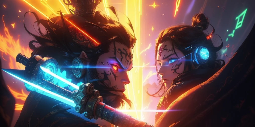 Ancient anime style, artbook, comicbook, RPG, futuristic medieval. Goblin God, with human face with glowing tribal magic tattoos, neon details, with technological tribal armor with glowing magic marks, full body, bare feet, spear with glowing magic marks. Epic scene, wide and deep scenery, with several depth planes, stylish and dynamic pose. In the middle of a magical steampunk technological village, mixing technology and vegetation, buildings with neon details and glowing magical vegetation, magical technological airships with shiny details inspired by ships flying in the sky.