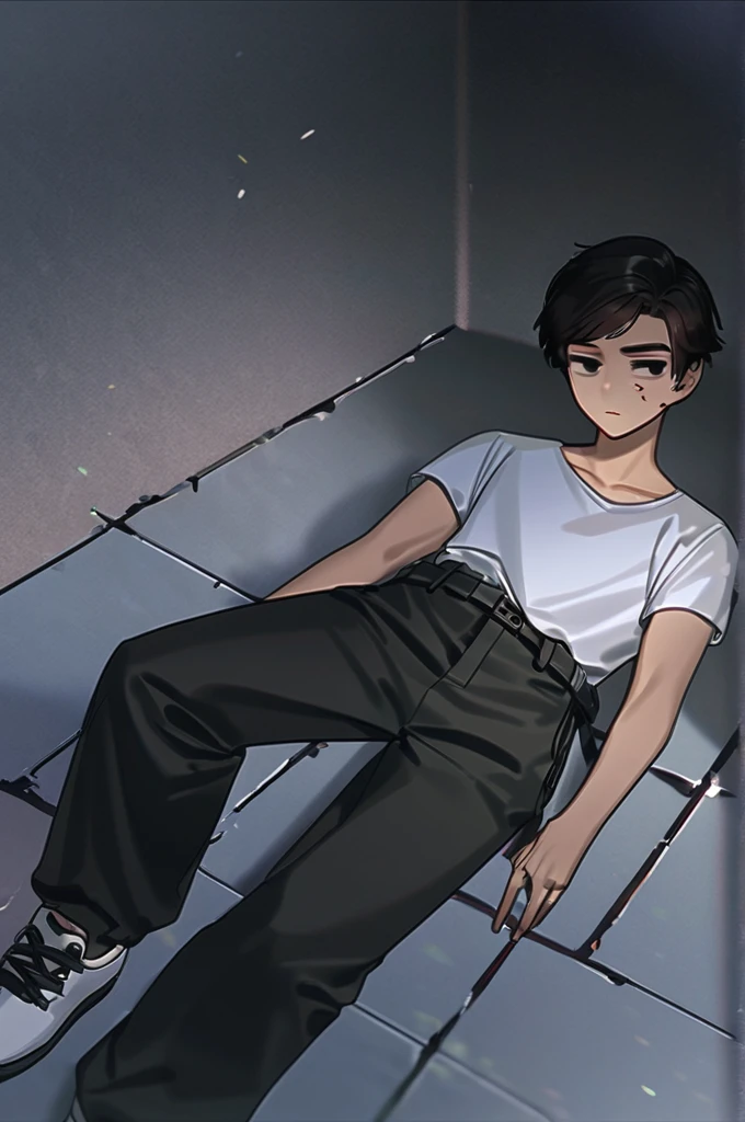 ((Лучшее качество)), ((шедевр)), (подробный), guy, short jet black short hair, bangs on the eye, one-eyed, (one-eyed:1,9), bright brown eyes, thick black eyebrows, thick black eyelashes, blank stare, staring at nothing, blood on his face, normal build, black unbuttoned robe, white bloody t-shirt, torn t-shirt, hole in his stomach, black cargo pants, white sneakers, driven into a steel wall, lying on his back, dying, black eyes , bloody wall