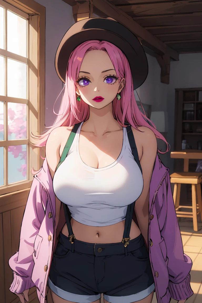 HDR, CG, sharp focus,(8k), (4k), (Masterpiece), (Best Quality), fantasy, extremely detailed, intricate, hyper detailed, (perfect face), illustration,soft lighting, highres, absurdres,best quality, jewelry bonney, lipstick, purple eyes, pink hair, long hair, green hat, white tank top, suspenders, brown jacket, striped shorts, straight hair, indoors, room, navel, big breasts, upper body