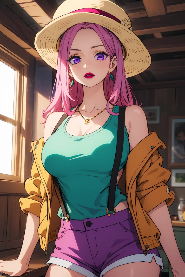 HDR, CG, sharp focus,(8k), (4k), (Masterpiece), (Best Quality), fantasy, extremely detailed, intricate, hyper detailed, (perfect face), illustration,soft lighting, highres, absurdres,best quality, jewelry bonney, lipstick, purple eyes, pink hair, long hair, green hat, white tank top, suspenders, brown jacket, striped shorts, straight hair, indoors, room, navel, big breasts, upper body