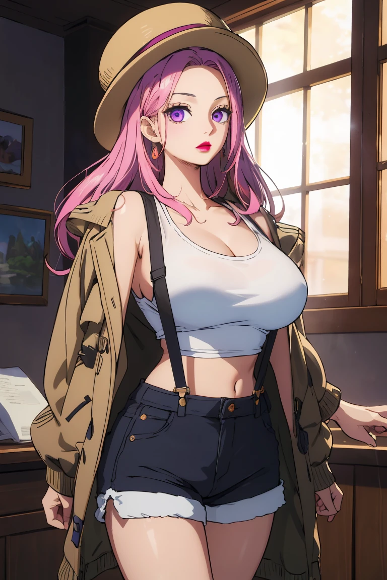 HDR, CG, sharp focus,(8k), (4k), (Masterpiece), (Best Quality), fantasy, extremely detailed, intricate, hyper detailed, (perfect face), illustration,soft lighting, highres, absurdres,best quality, jewelry bonney, lipstick, purple eyes, pink hair, long hair, green hat, white tank top, suspenders, brown jacket, striped shorts, straight hair, indoors, room, navel, big breasts, upper body