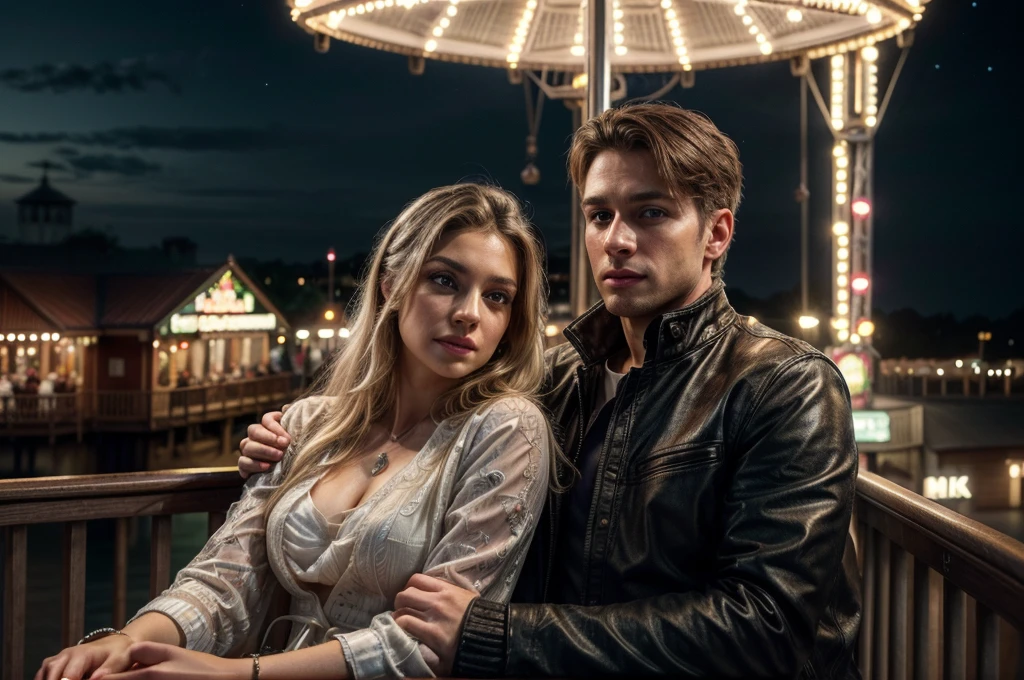 a young white man (male) and young white woman (female), beautiful detailed eyes, beautiful detailed lips, extremely detailed eyes and face, long eyelashes, nordic faces, at pier amusement park, on date, fun atmosphere, top of ferris wheel, snuggling side by side, romantic mood, various carnival lights and rides in background, (best quality,4k,8k,highres,masterpiece:1.2),ultra-detailed,(realistic,photorealistic,photo-realistic:1.37),HDR,UHD,studio lighting,ultra-fine painting,sharp focus,physically-based rendering,extreme detail description,professional,vivid colors,bokeh,portraits,concept artists,warm colors,dramatic lighting, heterosexual couple