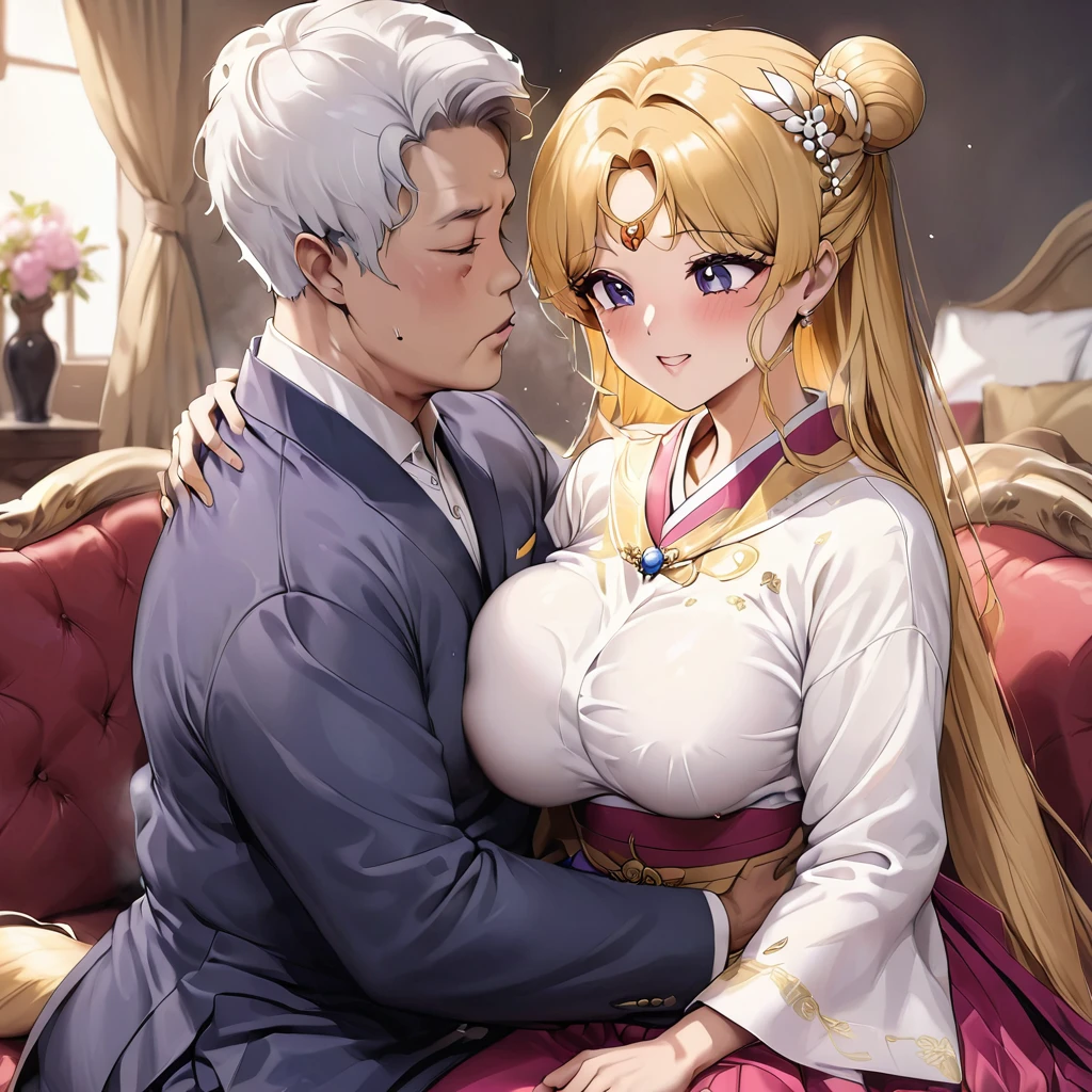 ((Highest quality)), ((masterpiece)), (detailed), (Perfect Face)、The woman is Korean Tsukino Usagi, and in a luxurious Korean mansion, she is wearing a gorgeous, dazzling traditional Korean dress called a hanbok, a gorgeous hair ornament, gorgeous jeweled accessories, and an engagement ring. The woman and the man are sitting on a gorgeous, large sofa in the luxurious room, and the woman is passionately embracing and passionately kissing the middle-aged Korean man wearing a dignified and sturdy hanbok, and while the man is fondling her breasts, they are making passionate love as a married couple.、The woman is the elegant Tsukino Usagi, a Korean woman with long blonde hair in a chignon twin tail, wearing the traditional Korean dress, Chima Chogori.、The man is a dignified, sturdy middle-aged Korean man wearing the traditional Korean dress, Hanbok.