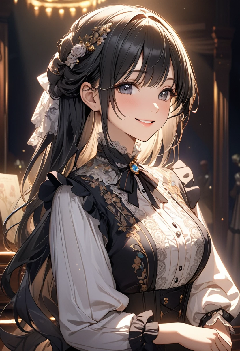 masterpiece、high quality、High resolution、Detailed drawn、Cinema lighting、(One beautiful girl)、(Black Hair、Long Hair、Bangedium chest、smile、Victorian Blouse、Gorgeous embroidery、2.5D