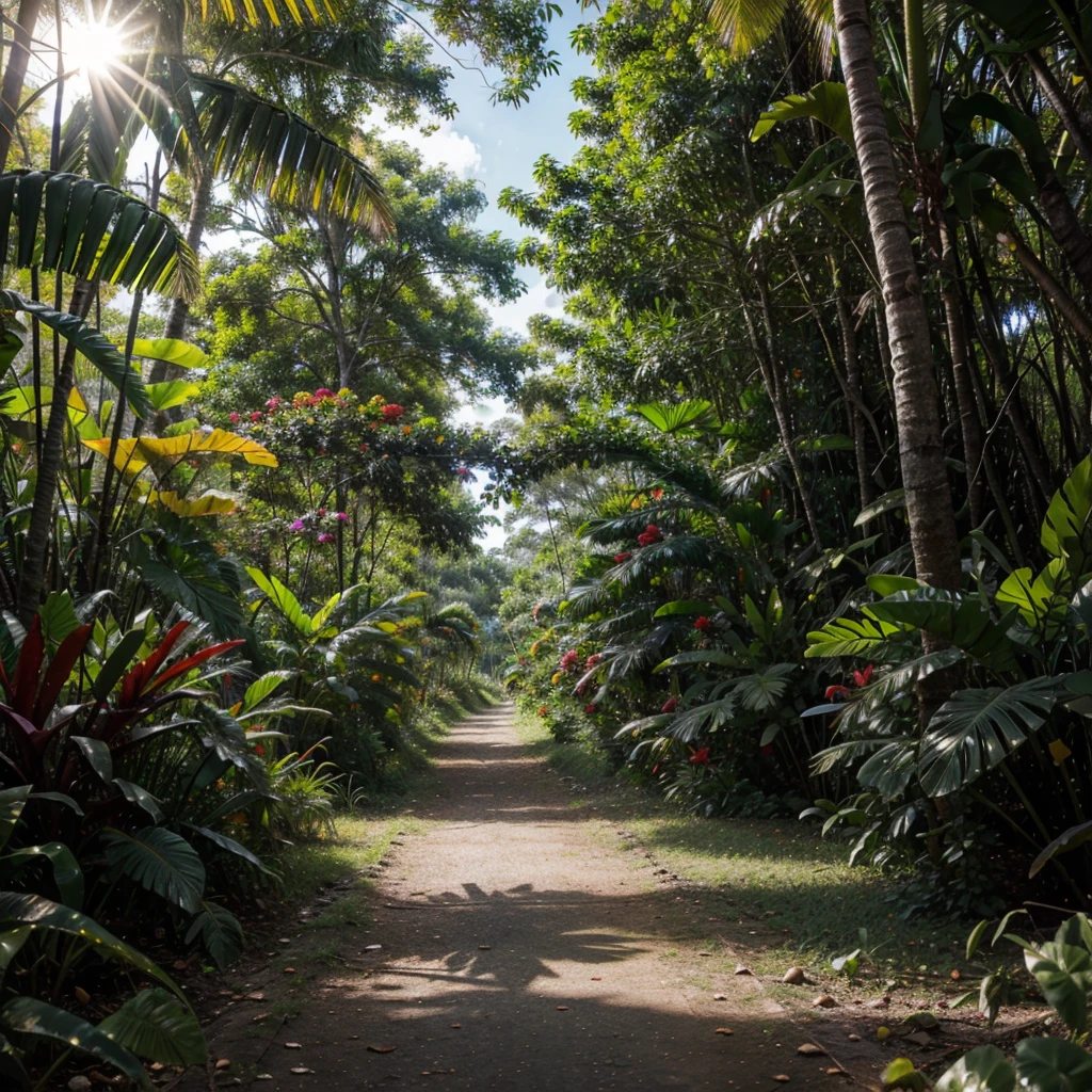 image of a very shiny colorful tropical forest without road