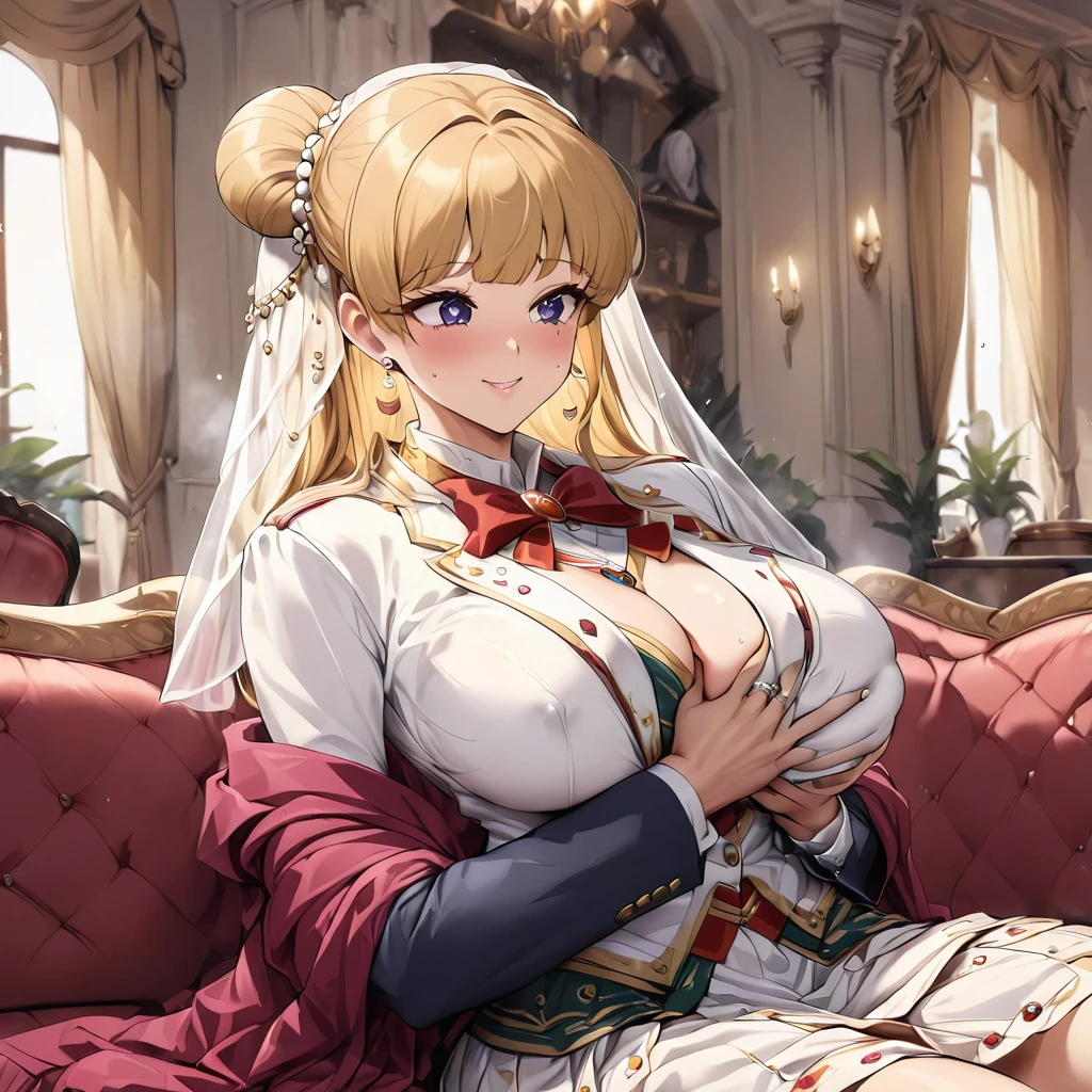 ((Highest quality)), ((masterpiece)), (detailed), (Perfect Face)、The woman is an Italian named Tsukino Usagi, and is wearing the gorgeous and dazzling Italian traditional Sardinian costume in a luxurious Italian mansion, a lavishly decorated velvet jacket, a long veil, gorgeous jeweled accessories and an engagement ring. The woman and the man are sitting on a luxurious, large sofa in the luxurious room, and the woman is passionately embracing and passionately kissing the dignified, bearded middle-aged man wearing the Italian traditional costume, and while the man is fondling her breasts, they are making passionate love as a married couple.、The woman is the elegant Tsukino Usagi, with long blonde hair in a chignon twin tail, wearing a velvet jacket decorated with the Italian national costume of Sardinia, and a long veil.、The man is a dignified, muscular, bearded Italian man dressed in Italian national dress.