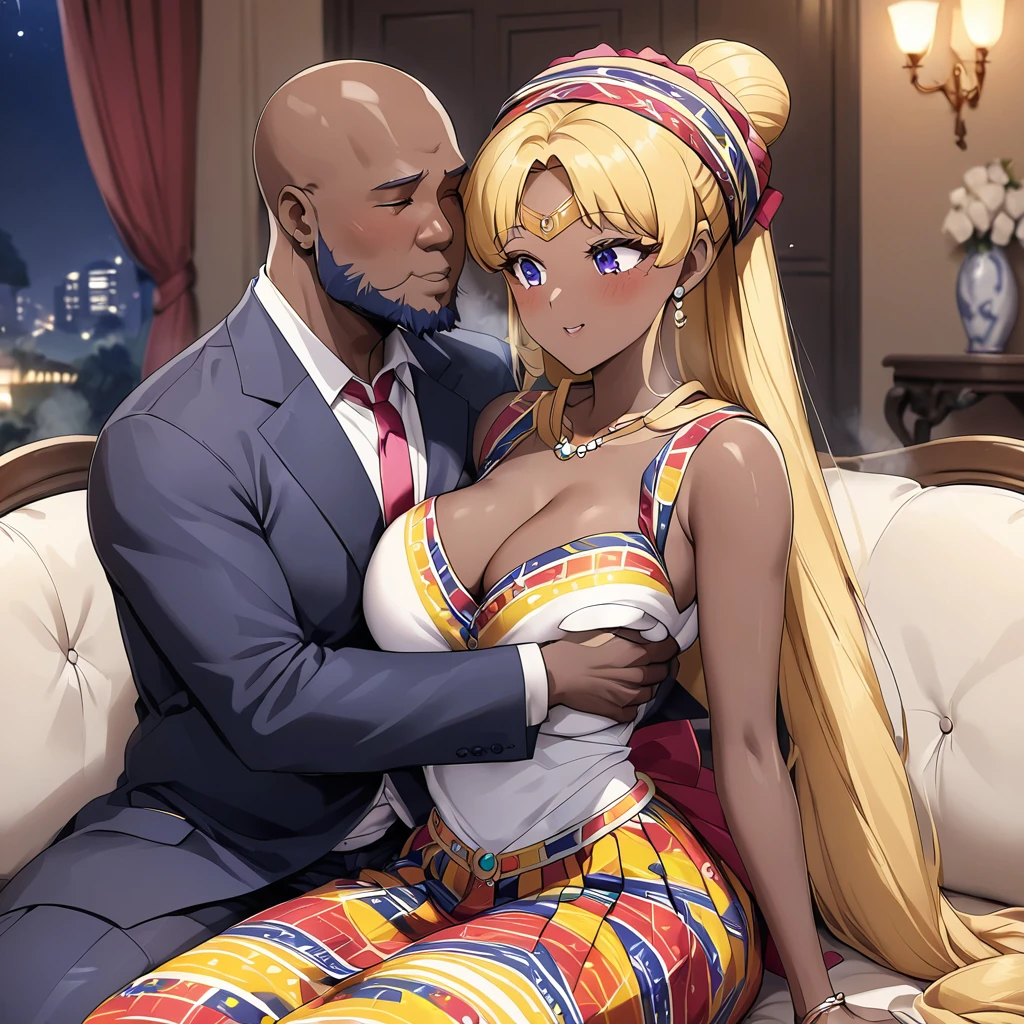 ((Highest quality)), ((masterpiece)), (detailed), (Perfect Face)、The woman is a black Ghanaian woman named Tsukino Usagi with vivid dark brown skin, and is wearing a gorgeous, colorful, glittering Ghanaian dress, a colorful turban head scarf, gorgeous jeweled accessories and an engagement ring in a luxurious Ghanaian mansion. The woman and the man are sitting on a luxurious, large sofa in the luxurious room, and the woman is passionately embracing and passionately deep kissing the dignified, bearded, middle-aged Ghanaian man wearing Ghanaian traditional clothing, and the man is fondling her breasts as they make passionate love to each other as a married couple.、The woman is the elegant Tsukino Usagi, with long blonde hair in a chignon twin tail, wearing a colorful Ghanaian dress and a colorful turban head scarf, and has vivid dark brown skin.、(The woman is a black Ghanaian with vivid dark brown skin.)、The man is a dignified, burly, bearded Ghanaian man wearing a smock.