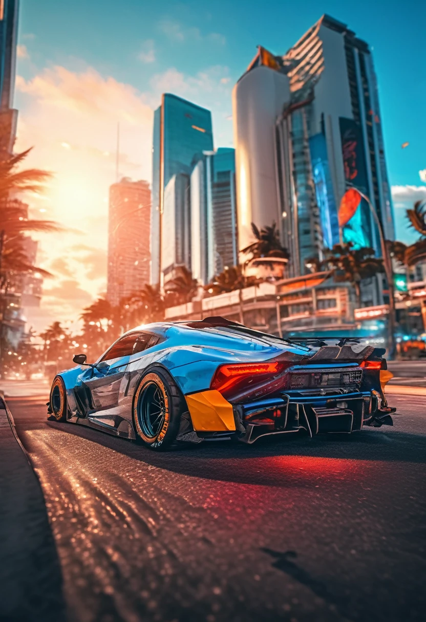 Sports car racing down cyberpunk Miami city, Cyberpunk Car wallpaper, bright sunny day, beautiful cloudy sky, perfect car anatomy and proportions, streets neon signs and debris, exciting epic action camera, masterpiece quality phone wallpaper, sharp details, (masterpiece:1.2) (photorealistic:1.2) (bokeh) (best quality) (intricate) (8k) (HDR) (cinematic lighting) (sharp focus)
