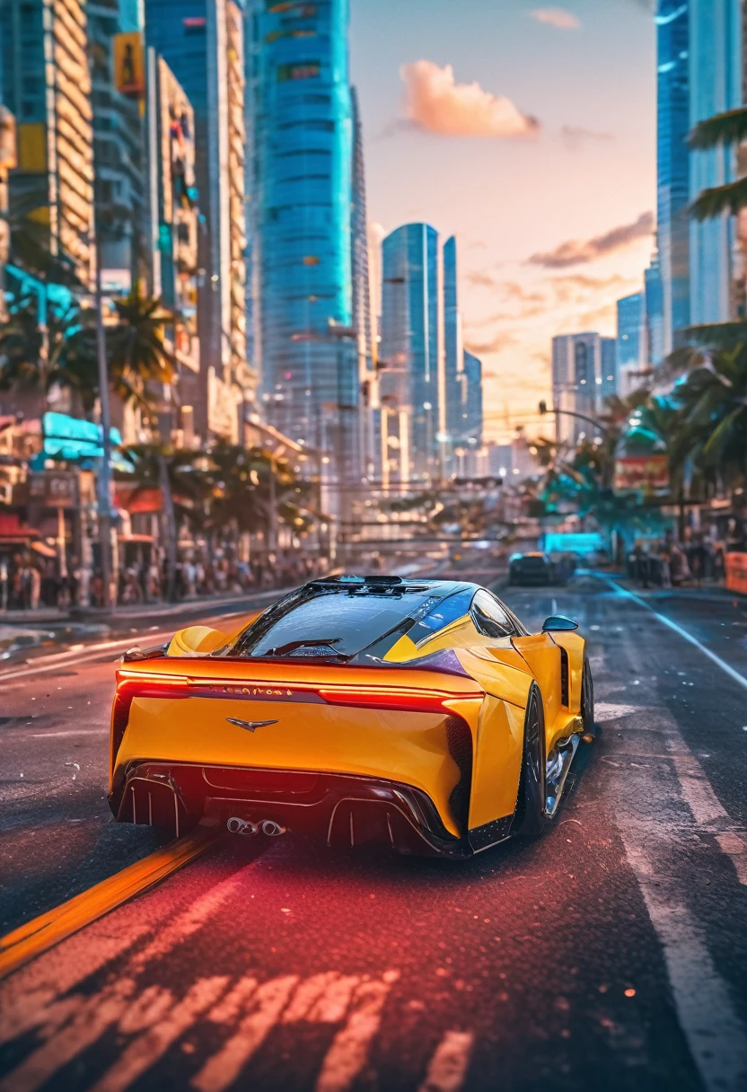 Sports car racing down cyberpunk Miami city, Cyberpunk Car wallpaper, bright sunny day, beautiful cloudy sky, perfect car anatomy and proportions, streets neon signs and debris, exciting epic action camera, masterpiece quality phone wallpaper, sharp details, (masterpiece:1.2) (photorealistic:1.2) (bokeh) (best quality) (intricate) (8k) (HDR) (cinematic lighting) (sharp focus)