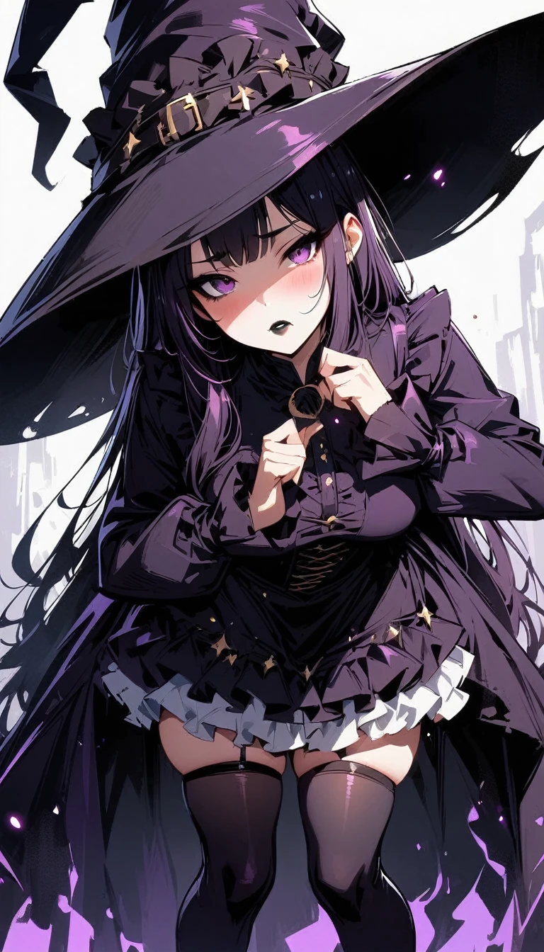(high quality, 8k, 4K, high contrast, artwork:1.2, high quality, best aesthetics), ((1 woman)), erotic, sensual, mature body, super detailed, beautiful face detailed, beautiful eyes detailed, detailed beautiful mouth, sexy body, perfect breats, perfect wide thighs, (long straight dark purple hair), (dark purple eyes), (calm expression), (penetrating gaze), (looking at the viewer), (black lipstick), (black eyeliner), (black eyeshadow), (blushed), (dark purple dress with long sleeves and medium ruffled skirt), (dark purple witch hat), (long dark purple thigh-high socks), (standing), (centered)