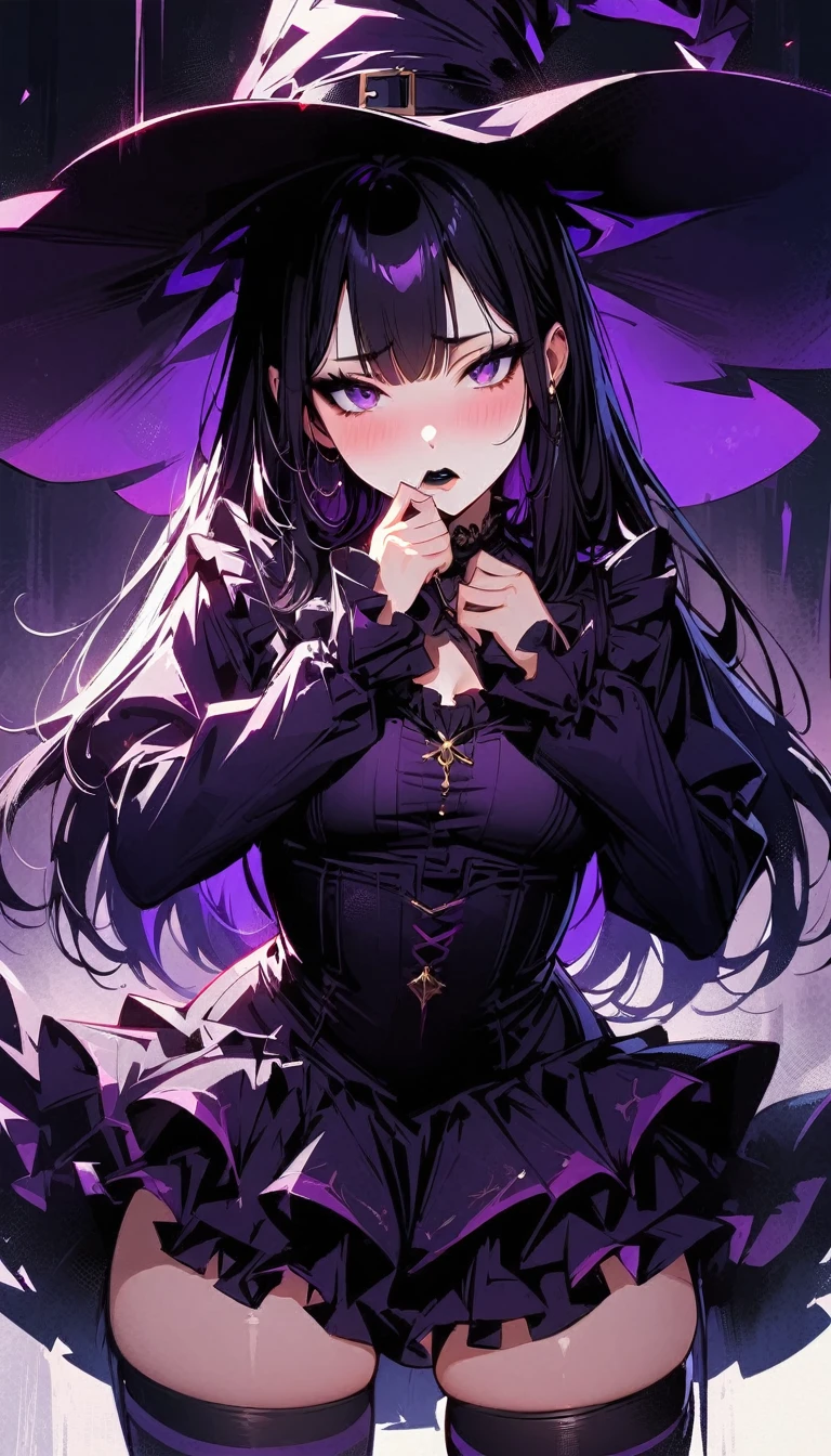 (high quality, 8k, 4K, high contrast, artwork:1.2, high quality, best aesthetics), ((1 woman)), erotic, sensual, mature body, super detailed, beautiful face detailed, beautiful eyes detailed, detailed beautiful mouth, sexy body, perfect breats, perfect wide thighs, (long straight dark purple hair), (dark purple eyes), (calm expression), (penetrating gaze), (looking at the viewer), (black lipstick), (black eyeliner), (black eyeshadow), (blushed), (dark purple dress with long sleeves and medium ruffled skirt), (dark purple witch hat), (long dark purple thigh-high socks), (standing), (centered)