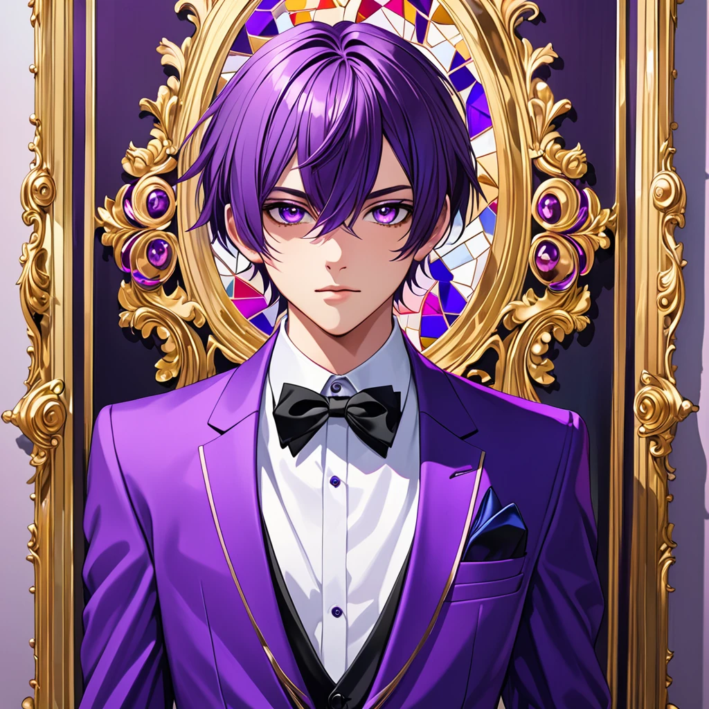work of art, best qualityer, high resolution, Teenage man, purple short straight hair, vibrant purple eyes, rigid feature, formal clothes.