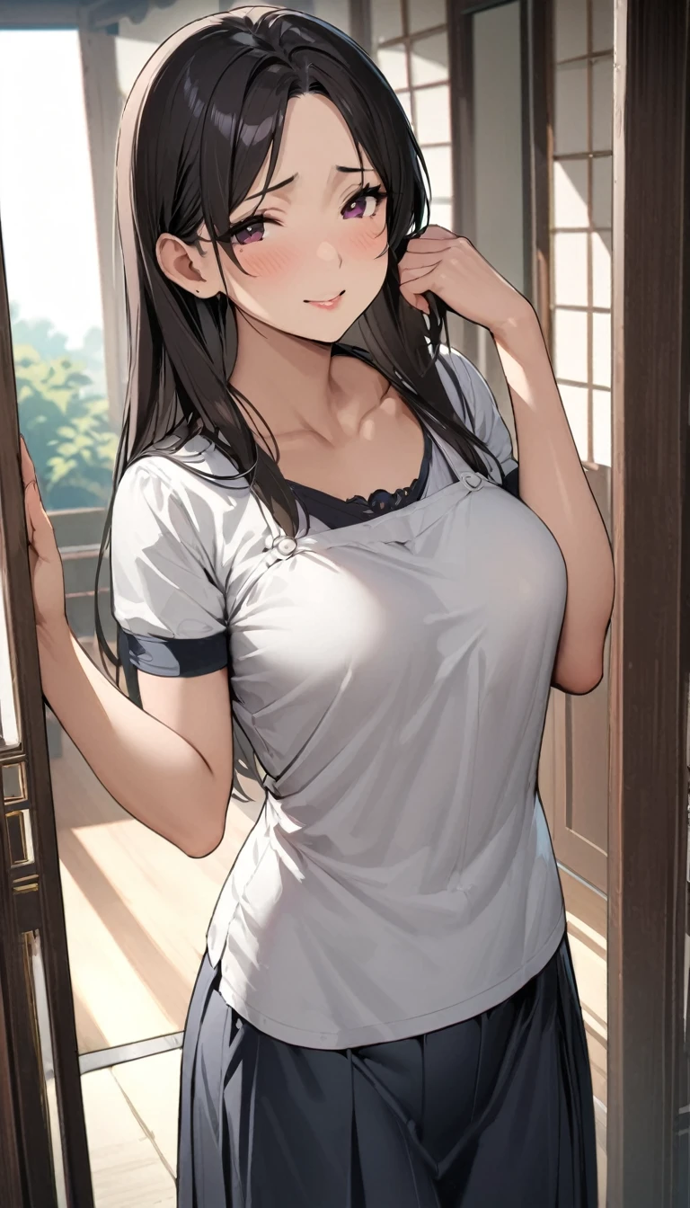 (masterpiece,Highest quality,Ultra-high resolution),,(ultra best illustration), (best shadow),high quality,(ultra detailed:1.15),hyper detailed,insanely detailed, exquisite,beautiful,absurdres,1 woman,Japanese women,(house wife:1.5),(40 years old:1.3),(middle-aged:1.49),(Small and round face:1,19),medium skin,shiny skin,detailed skin,detailed face,beautiful breasts,small breasts,Retinal Detail,side part,straight hair,long hair,short-sleeved shirt,culottes,
