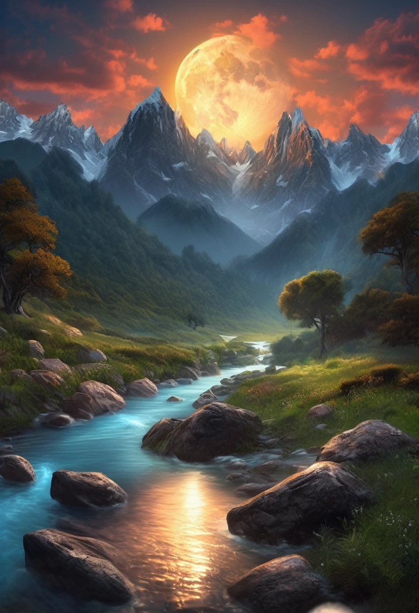 mountains with a river in the foreground and a full moon in the sky, 4k highly detailed digital art, 8k stunning artwork, 4k detailed digital art, beautiful art uhd 4 k, epic dreamlike fantasy landscape, impressive fantasy landscape, 8k high quality detailed art, digital art 8k, digital art 8 k, mystical fantasy landscape, amazing mobile wallpaper