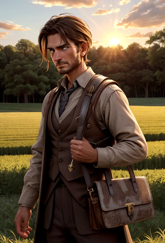 Here is the prompt for the fifth scene:
---
Thomas stands alone in his field, holding the purse with a determined look on his weathered face. He has decided to find the owner of the purse. Thomas is wearing his simple, traditional European farming clothes. The golden crops surround him, and the sun is setting, casting long shadows and a warm glow over the scene. His expression shows his resolve and integrity as he prepares to leave the field. (good quality:1.2), (Ultradetailed:1.2), (ultradetailed face:1.2), (ultradetailed body:1.2)
---