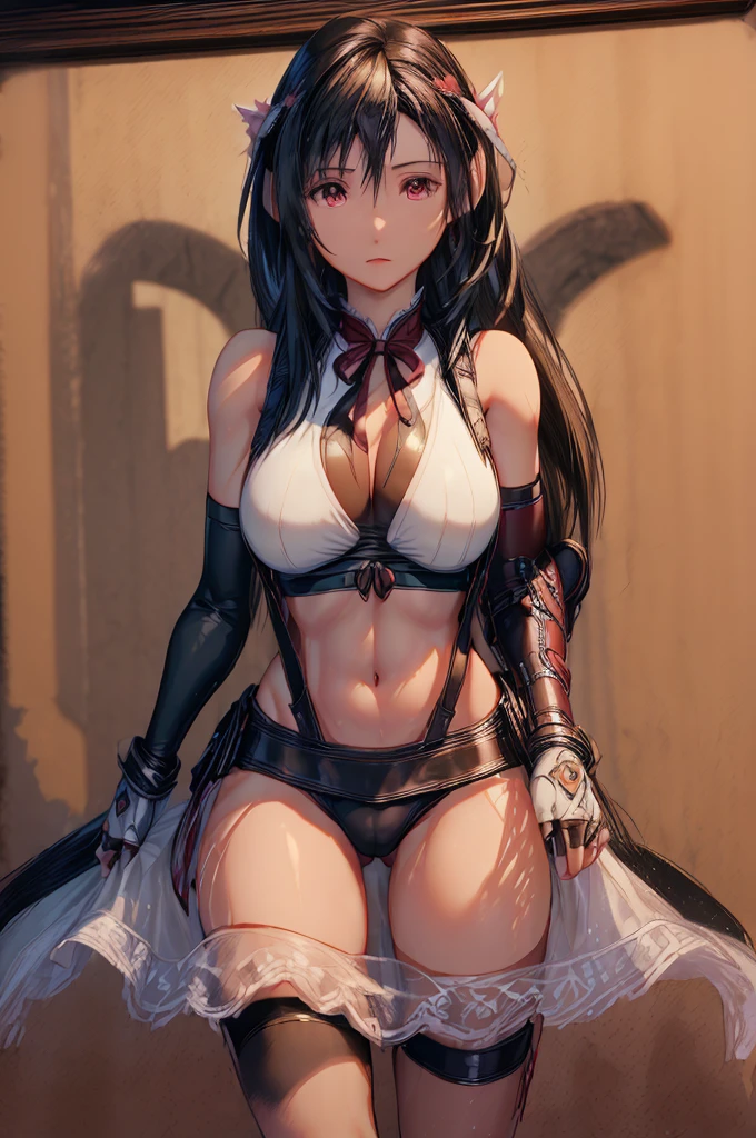 (masterpiece, best quality:1.2), (detailed face and eyes:1.1), Tifa Lockhart, (mature woman), muscular, athletic, cheerful, gorgeous heart-shaped face, toned body, hourglass figure (massive breasts), long dark hair tied with ribbon at the end, ((Aerith costume)), realistic, seductive, red eyes