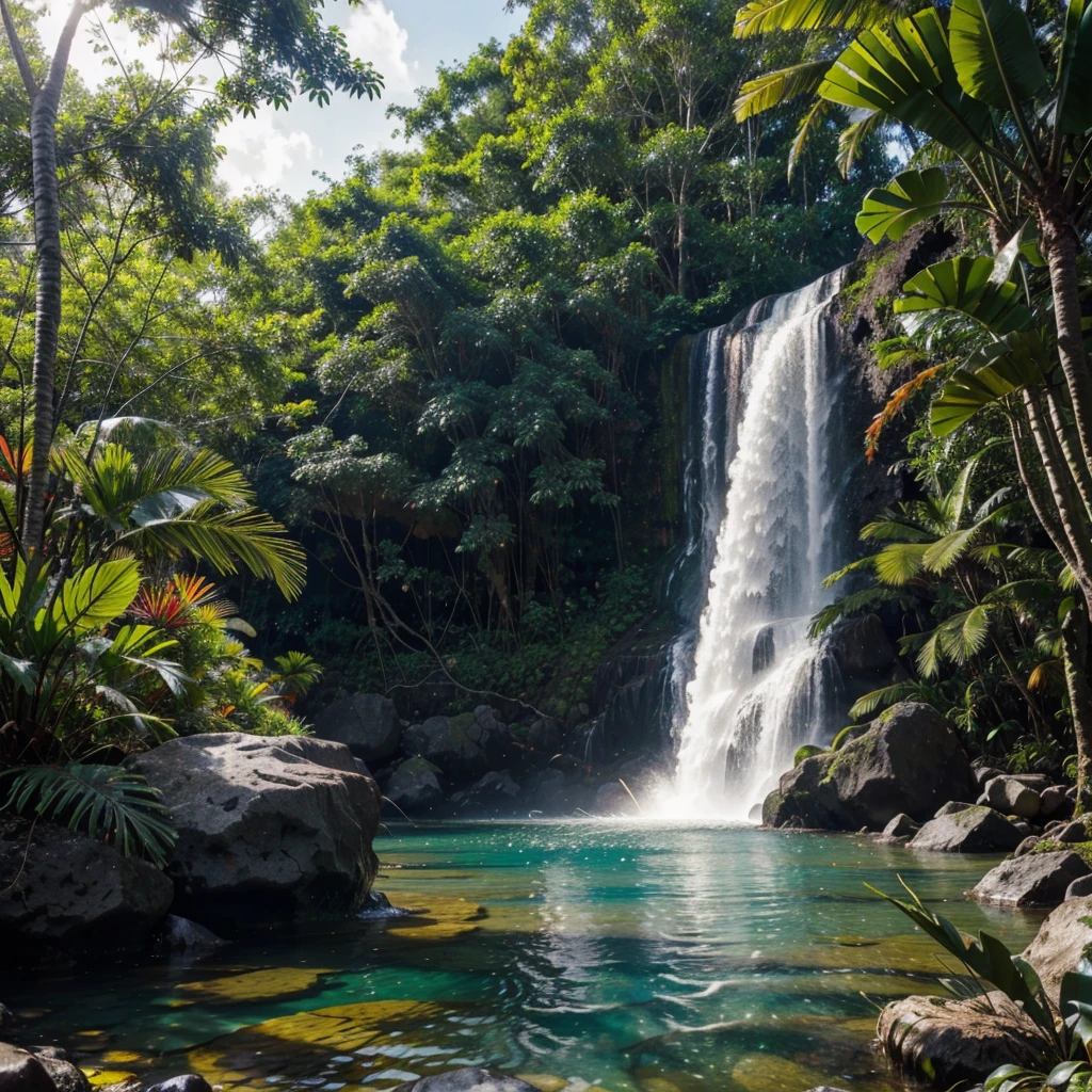 image of a very shiny colorful tropical forest beside en colorful water fall