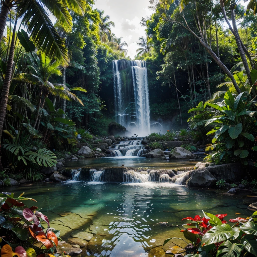 image of a very shiny colorful tropical forest beside en colorful water fall