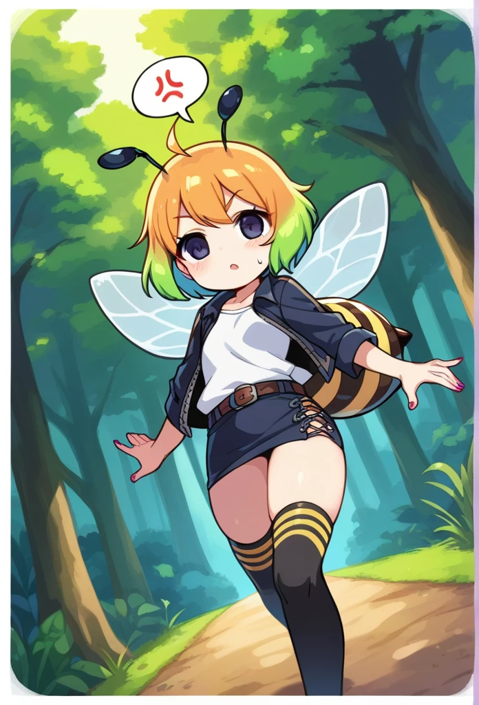 score_9, score_7_up, score_6_up, 1girl, source_cartoon, source_anime,breathtalking Scenery,watercolor,smooth soft skin, natural skin,anime screencap,mjm,rating_questionable,
BREAK 
1girl,(solo:1.2),(hornet girl:1.4), bee girl,(little female child:1.3), (loli:1.3),6 yo, kawaii,baby face,small breast, cute face,oily skin,(Phat ass:0.8)
BREAK 
(black bob cut:1.4),(yellow gradient hair:1.2),(yellow dip-dye hair:1.1),(black lob hair:1.2),ahoge,highlight on eyes,(nail_polish:1.1), black eyes,beautiful eyes, detailed eyes, puffy eyes,
BREAK 
(bee antennae:1.3), (PVC material Extremely small bee wings:1.1), (bee wings:1.1),symmetry bee wings, anger vein,anguish,(spoken squiggle:1.5),spoken anger 
BREAK
belt buckle,jacket, zip up, (pencil Skirt:1.1),(yellow striped black stockings:1.3),pierce,chain accessory,punk rock, croped shirt
BREAK 
isometric,dutch angle,(deep forest,dirty forest,darkness:1.2),(running:1.3),dynamic running,dynamicangle,In a secluded setting, surrounded by a dense forest, the bog lay hidden like a secret gem, its misty surface whispering tales of ancient times,misty,deep forest,