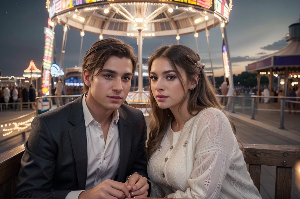 a young white man (male) and young white woman (female), formal outfits, beautiful detailed eyes, beautiful detailed lips, extremely detailed eyes and face, long eyelashes, nordic faces, at pier amusement park, on date, fun atmosphere, top of ferris wheel, snuggling side by side, romantic mood, various carnival lights and rides in background, (best quality,4k,8k,highres,masterpiece:1.2),ultra-detailed,(realistic,photorealistic,photo-realistic:1.37),HDR,UHD,studio lighting,ultra-fine painting,sharp focus,physically-based rendering,extreme detail description,professional,vivid colors,bokeh,portraits,concept artists,warm colors,dramatic lighting, heterosexual couple