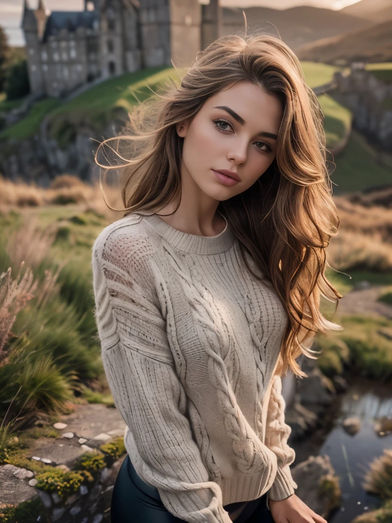 (High angle shot),(masterpiece . uhd. Photorealistic) Foreground: a gorgeous European light brunette woman, age 23, wet wavy hair in the wind. subtle smile and flirts with the camera, (she wears casual shirt with a long wool sweater and leggings:1.2),background landscape of Scotland Loch and Scottish castle ruins, ( At twilight:1.2), perfect eyes, perfect hands, perfect body, perfect hair, perfect breast, hair behind ear, accurate, anatomically correct,
